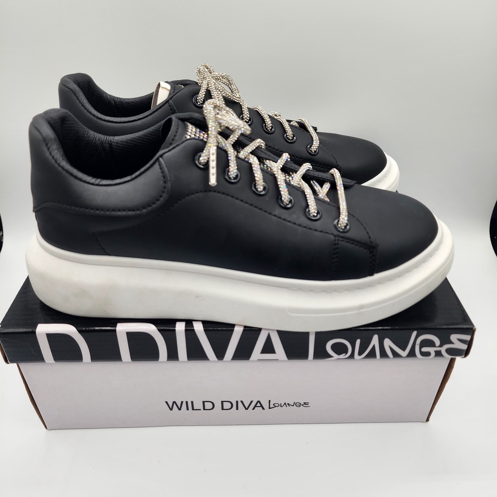 Wild Diva Black and White Women's Sneakers W/White Crystal Accents - Picture 9 of 13